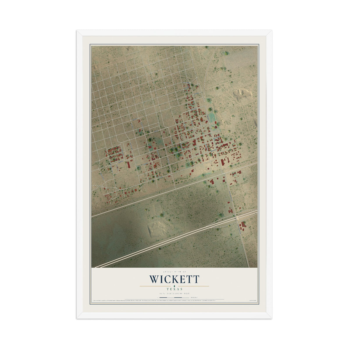 Map of Wickett, Texas, 12 x 18 inch print in a white wood frame