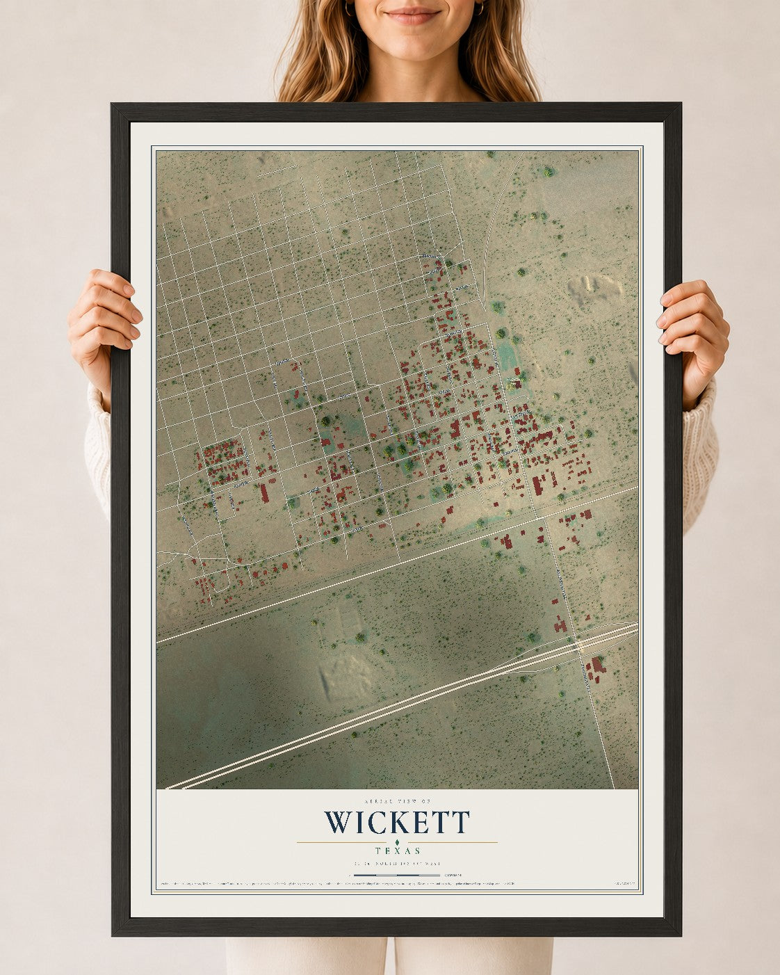 Map of Wickett, Texas, 24 x 36 inch print in a black wood frame