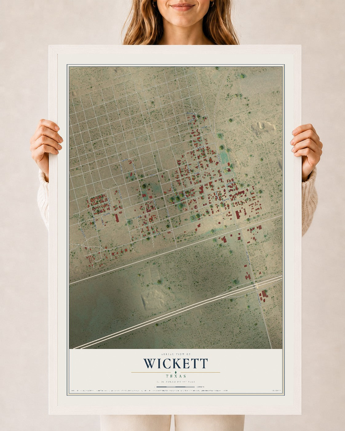 Map of Wickett, Texas, 24 x 36 inch print in a white wood frame