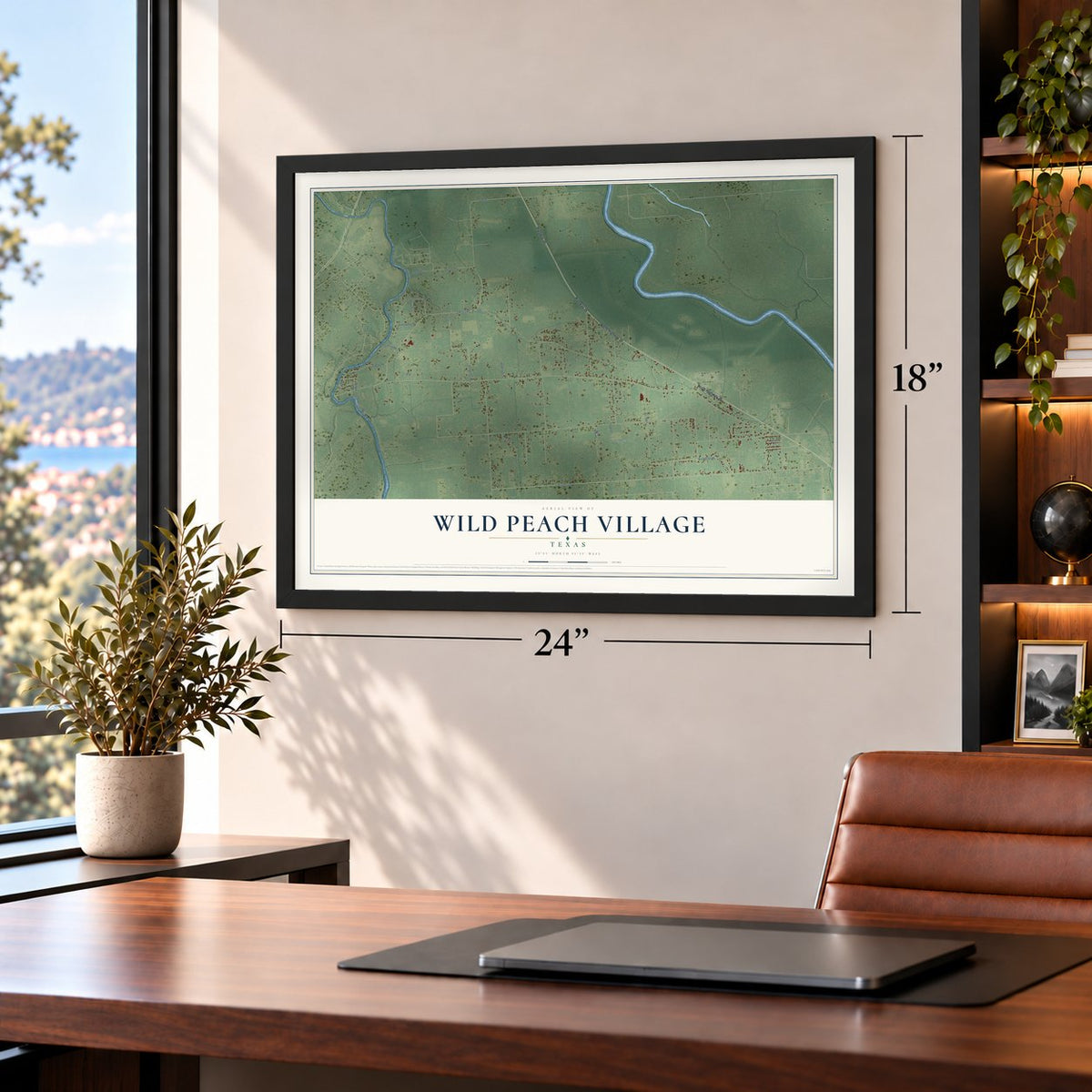 Wild Peach Village, Texas map, 18 x 24 inch print in a black frame in a home office