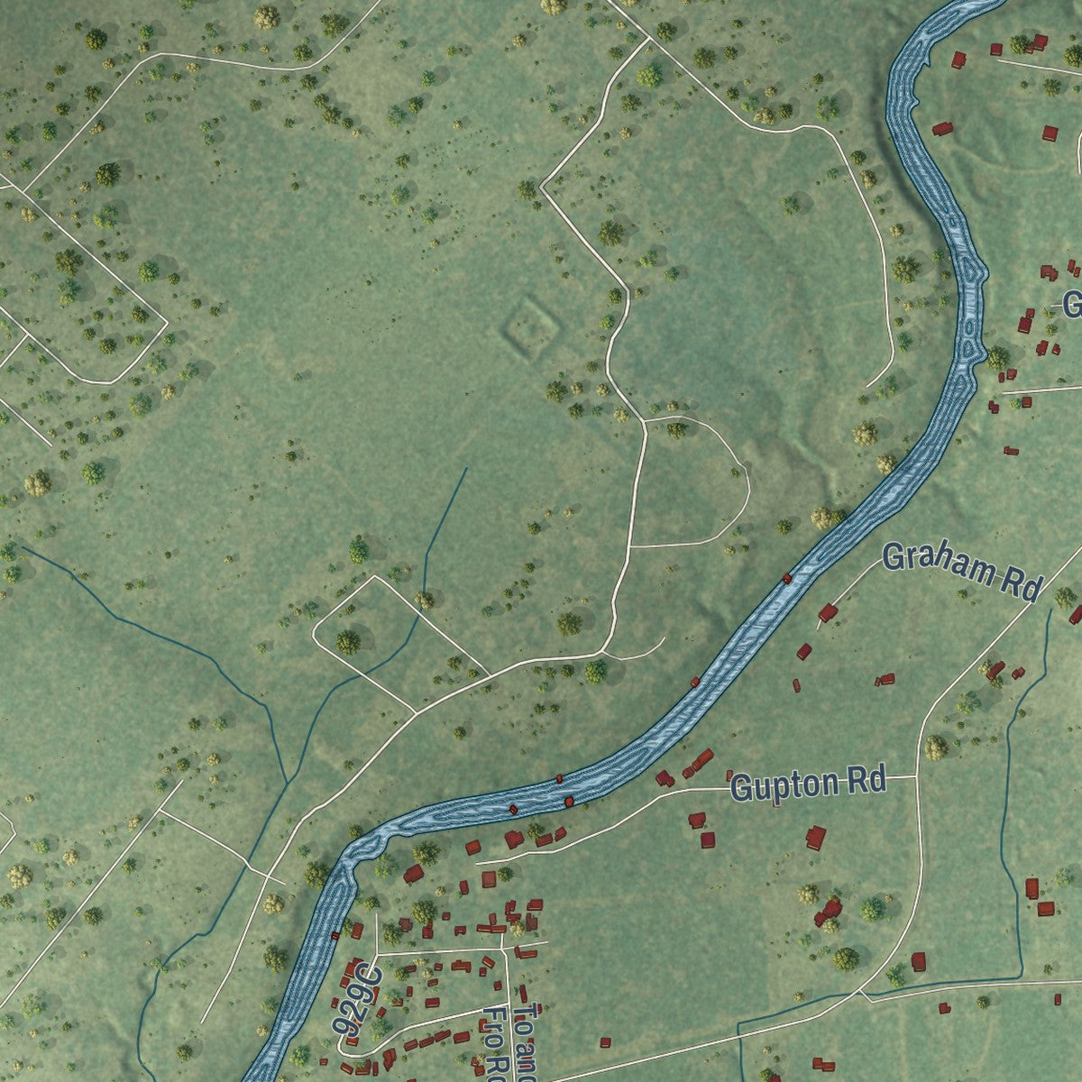 Close-up of the map of Wild Peach Village, Texas print showing street and building detail