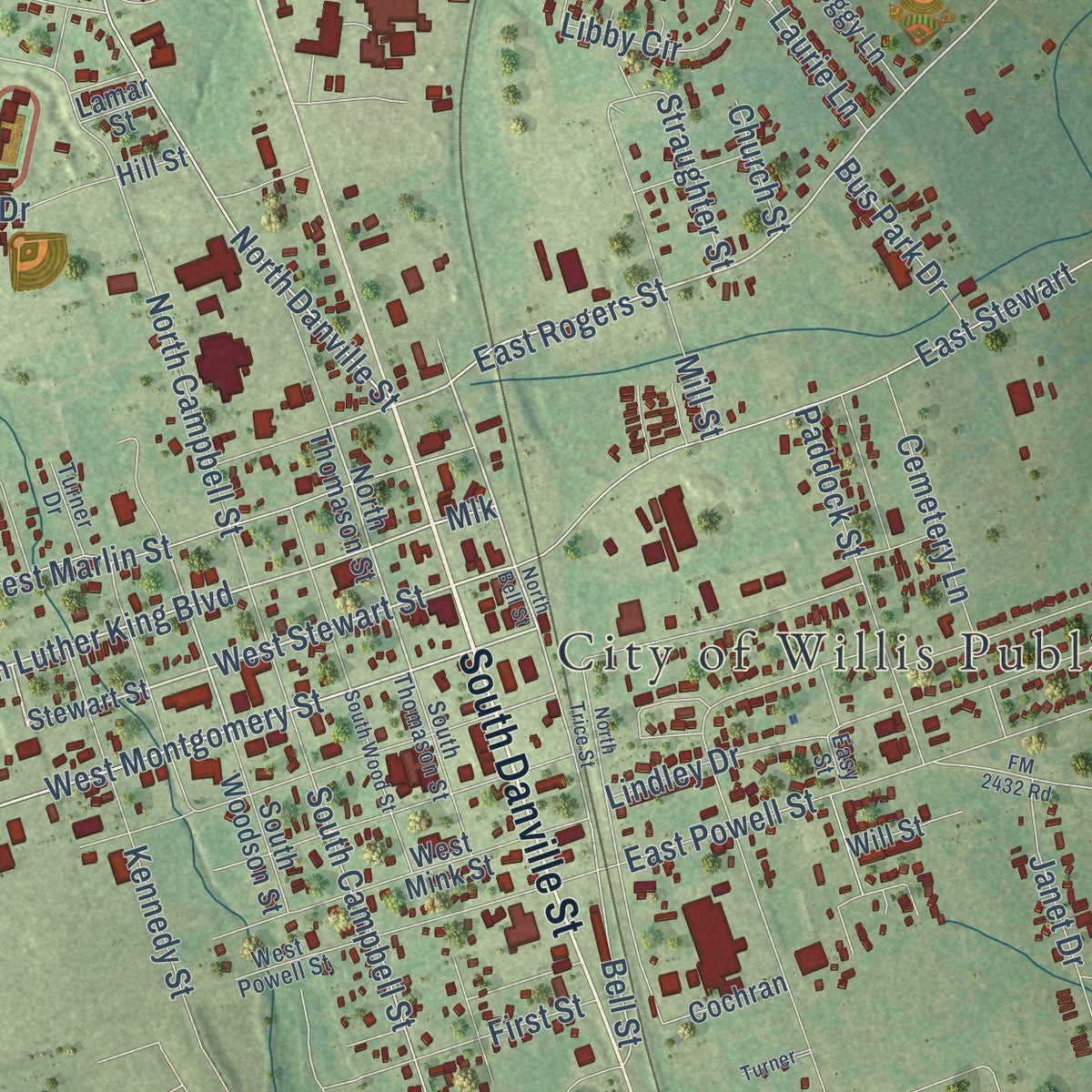Close-up of the map of Willis, Texas print showing street and building detail