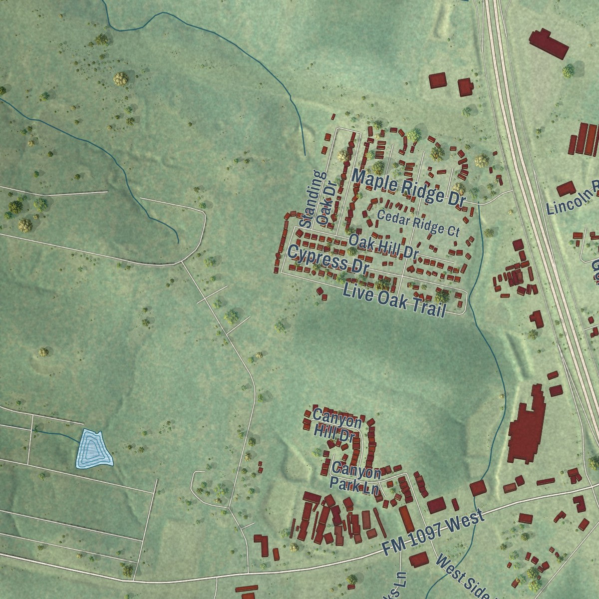 Second close-up of the map of Willis, Texas print showing more streets and buildings