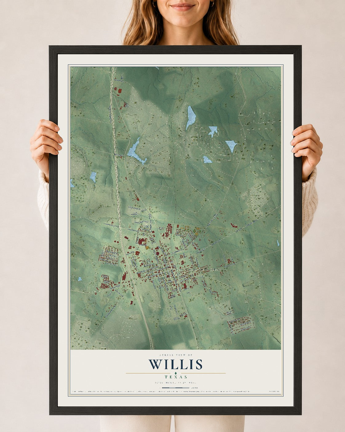 Map of Willis, Texas, 24 x 36 inch print in a black wood frame