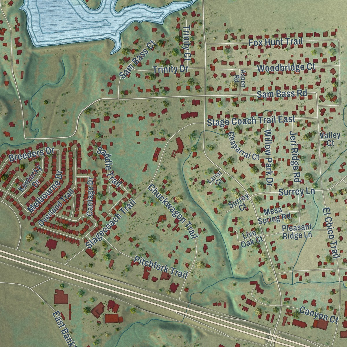 Close-up of the map of Willow Park, Texas print showing street and building detail