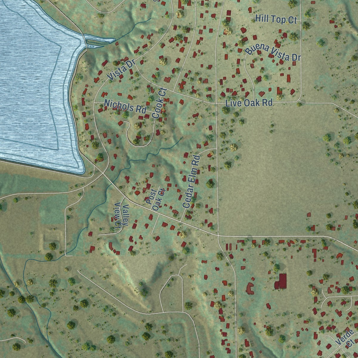 Second close-up of the map of Willow Park, Texas print showing more streets and buildings