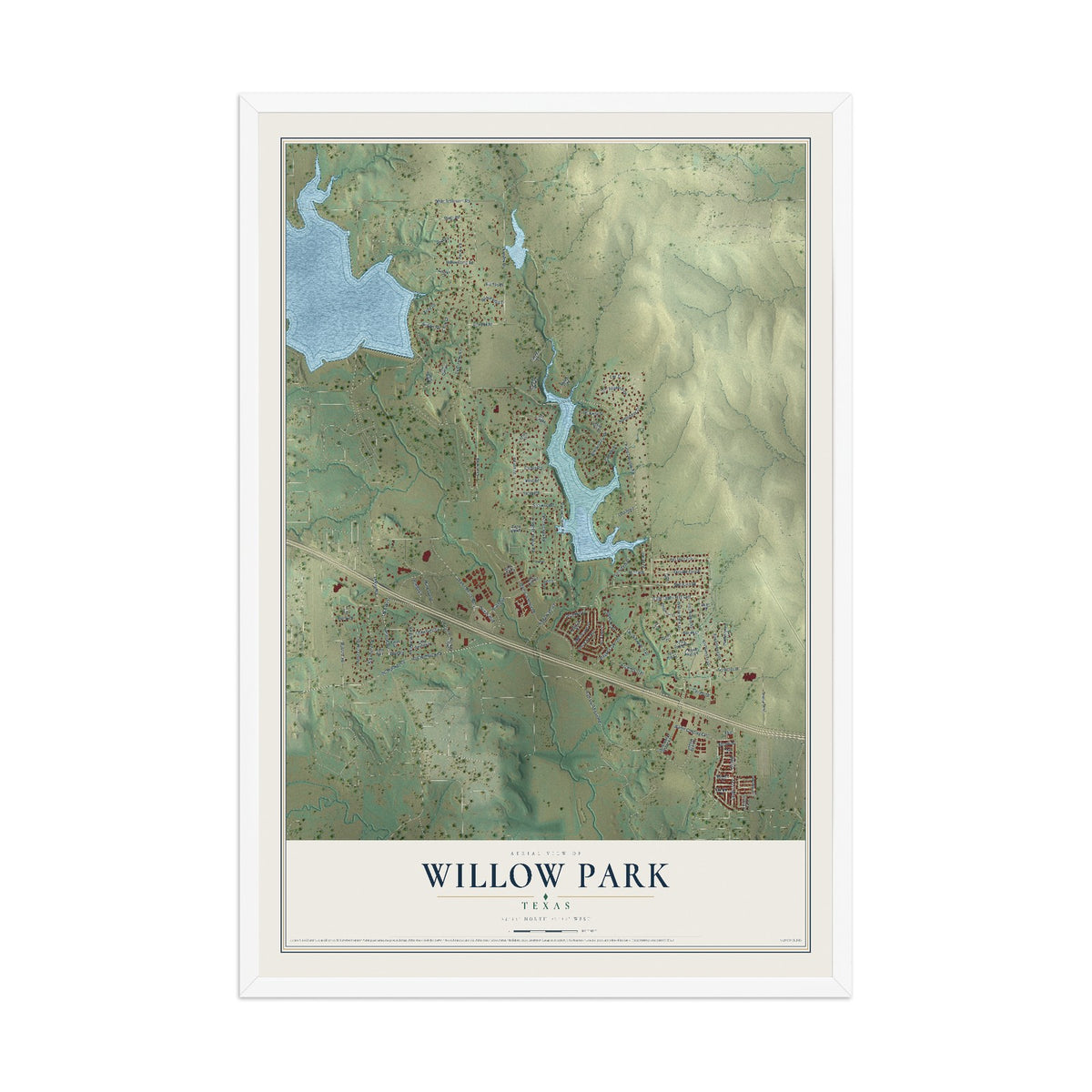 Map of Willow Park, Texas, 12 x 18 inch print in a white wood frame