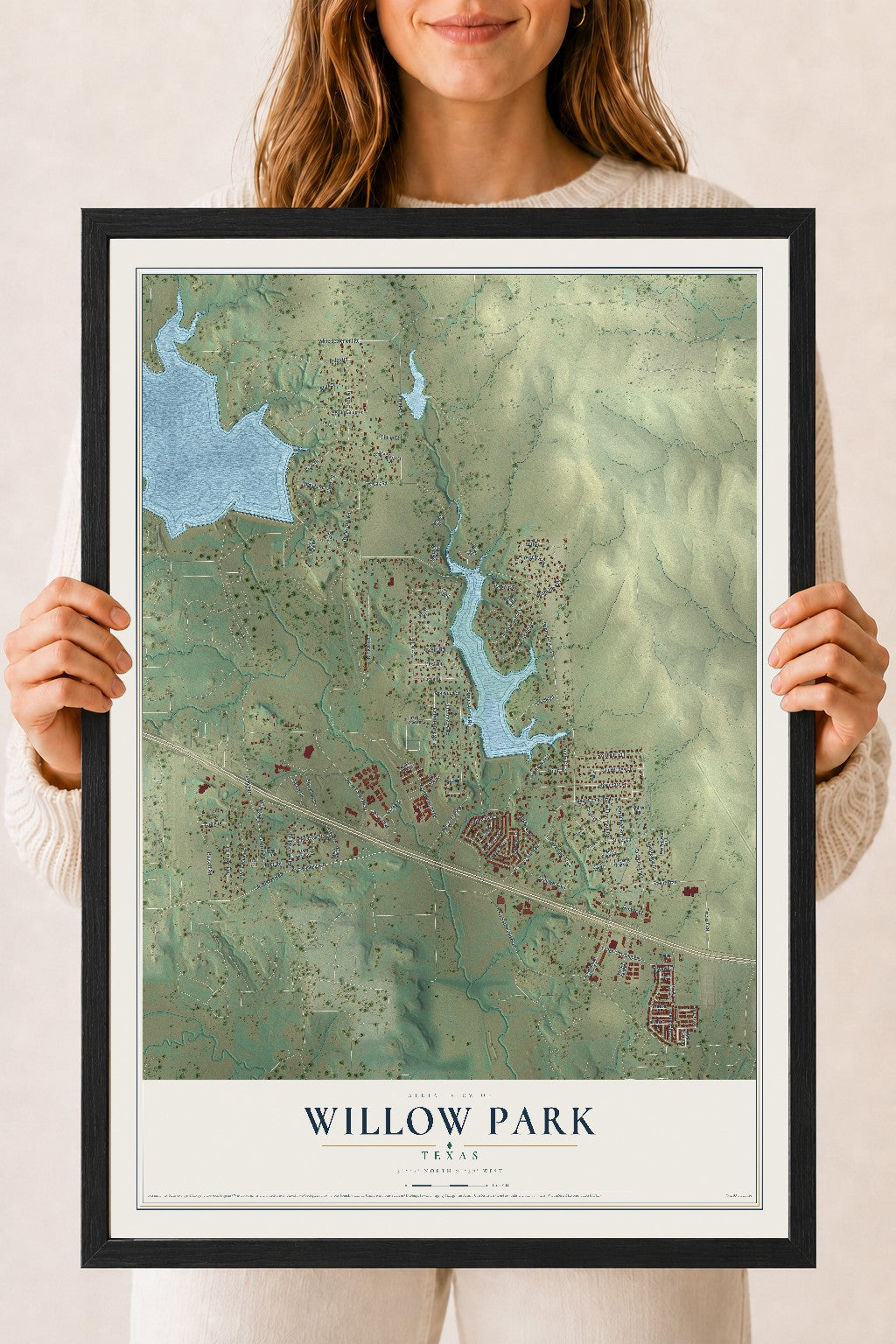Map of Willow Park, Texas, 18 x 24 inch print in a black wood frame