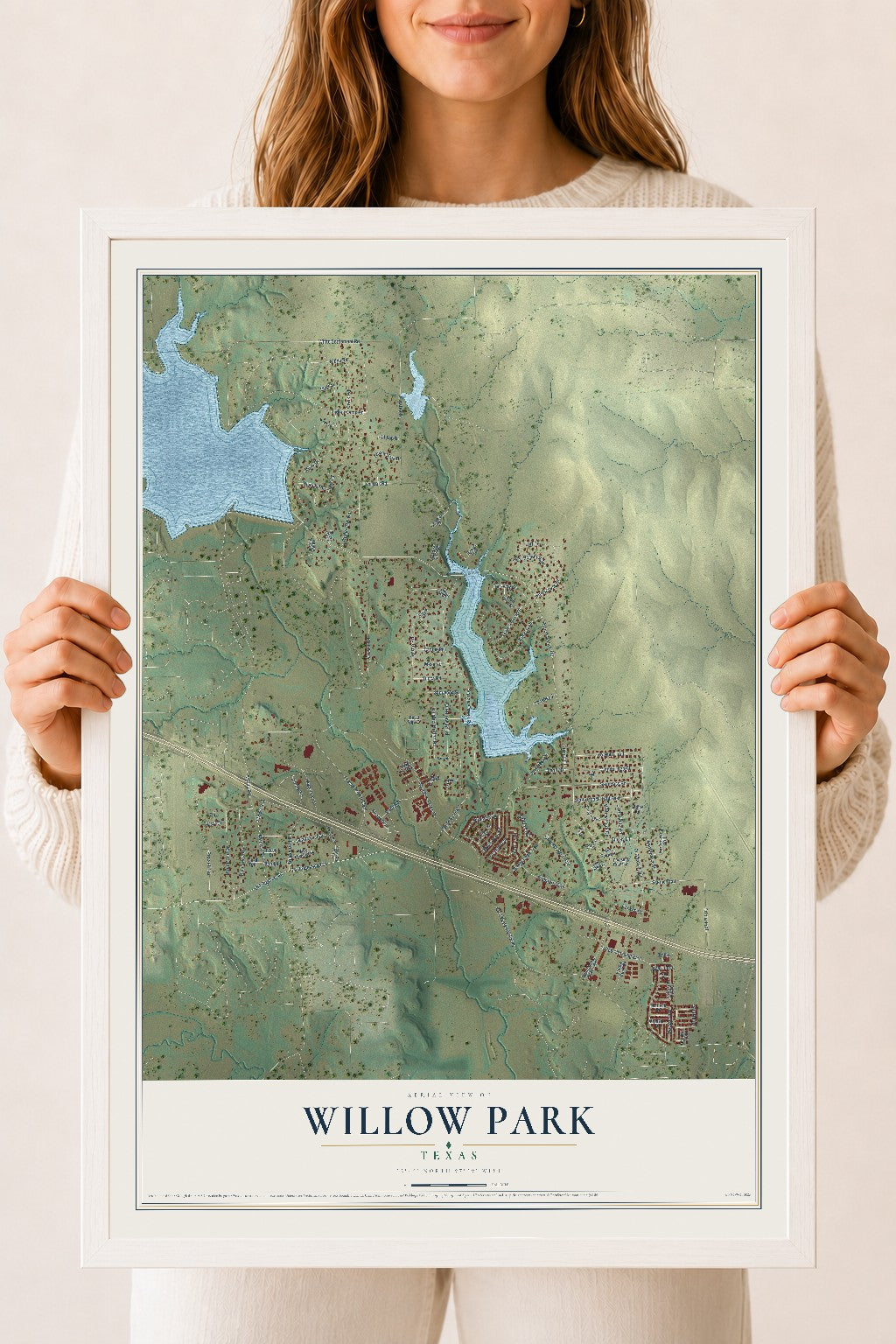Map of Willow Park, Texas, 18 x 24 inch print in a white wood frame