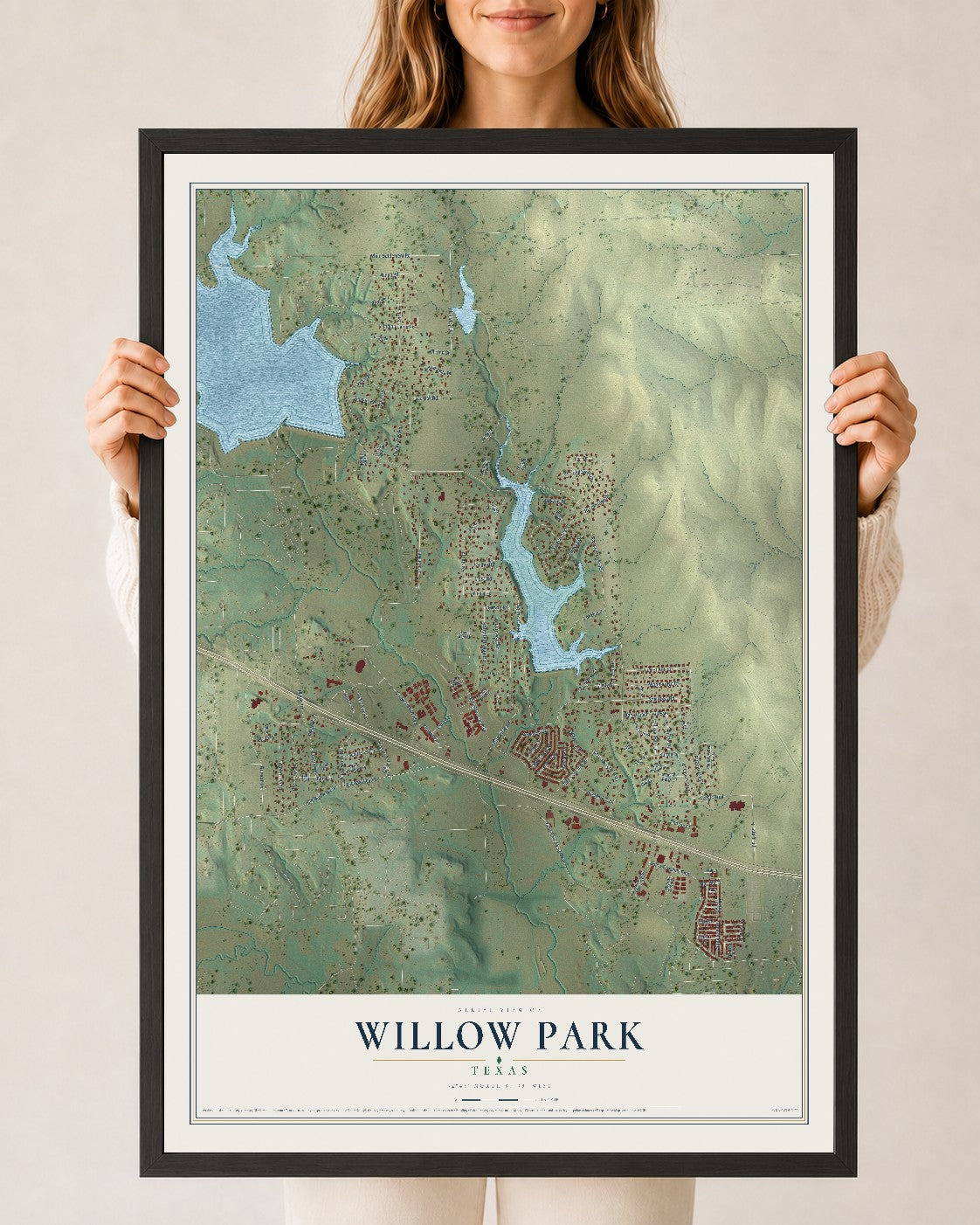 Map of Willow Park, Texas, 24 x 36 inch print in a black wood frame