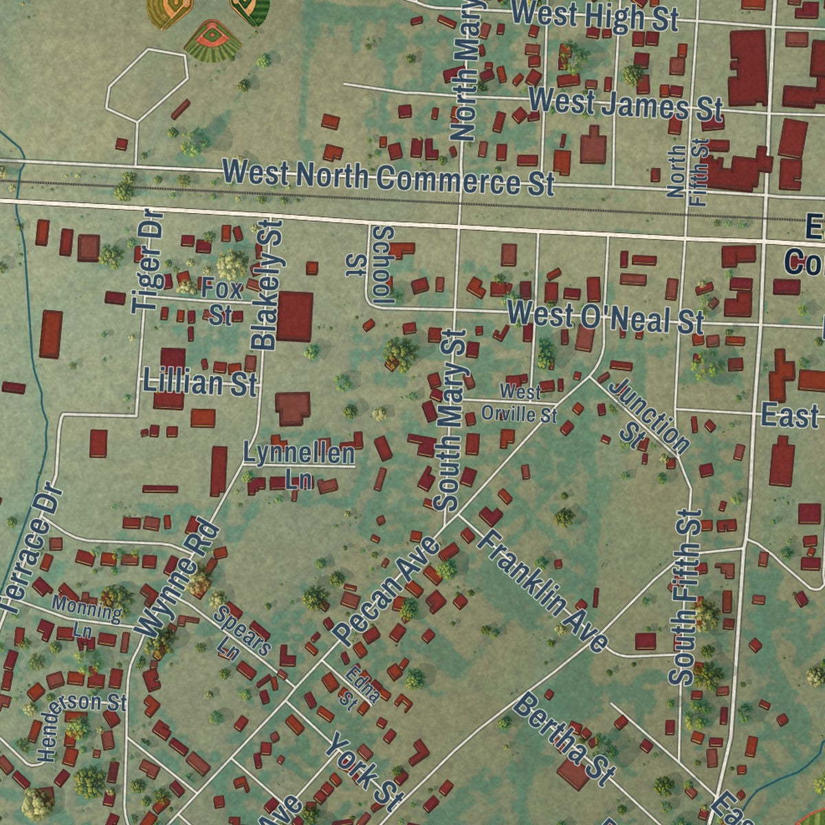 Close-up of the map of Wills Point, Texas print showing street and building detail