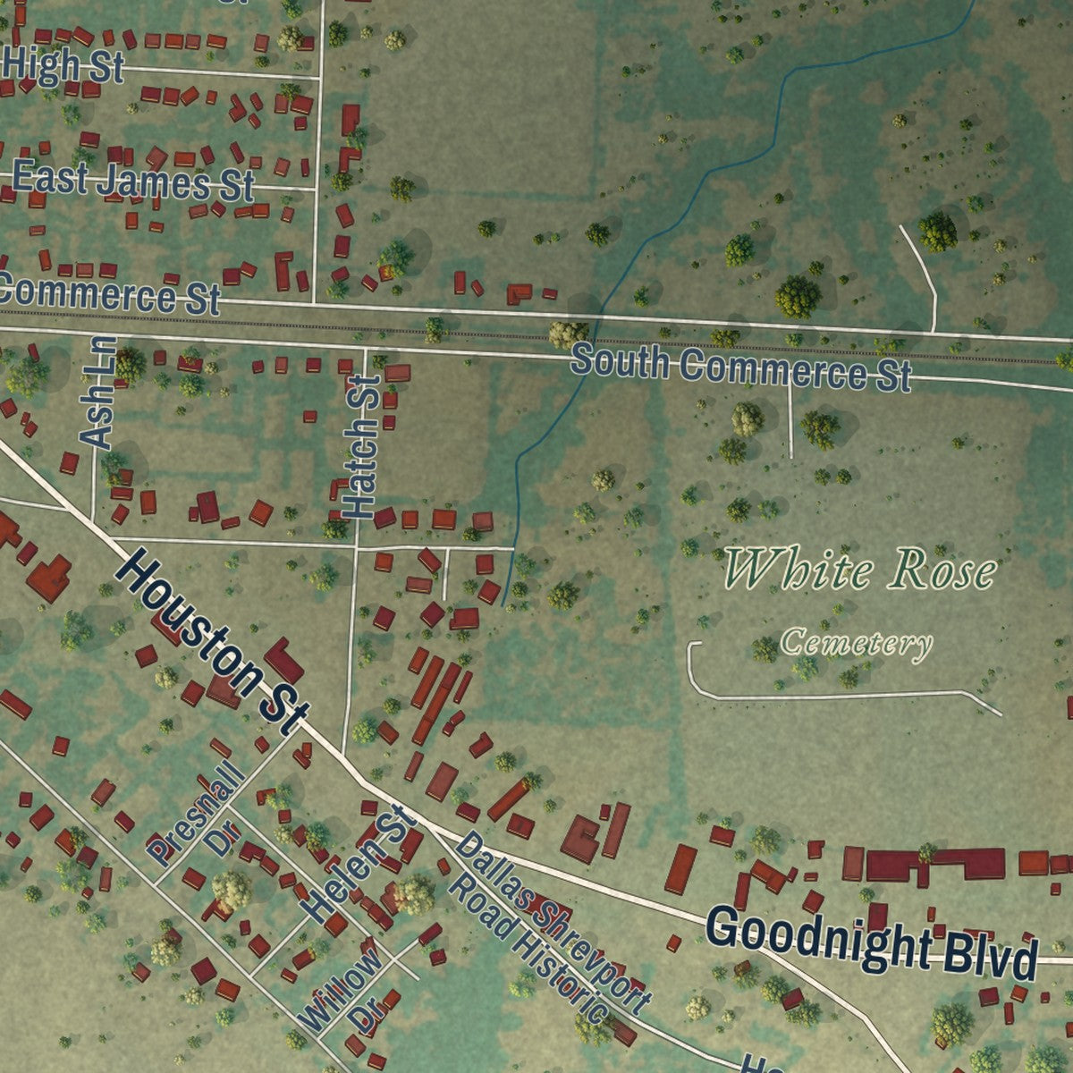 Second close-up of the map of Wills Point, Texas print showing more streets and buildings