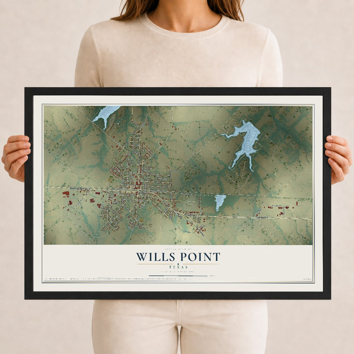 Map of Wills Point, Texas, 12 x 18 inch print in a black wood frame