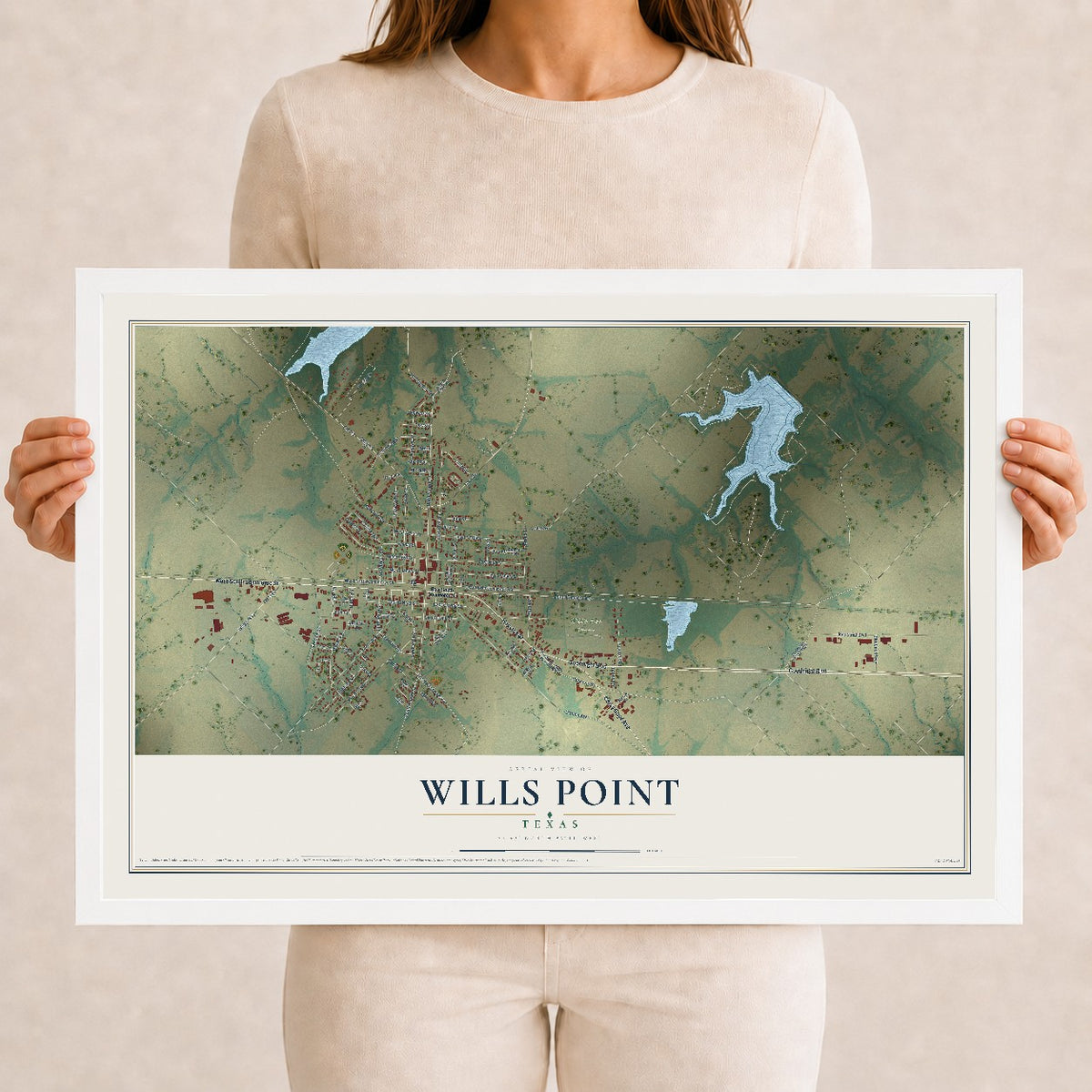 Map of Wills Point, Texas, 12 x 18 inch print in a white wood frame