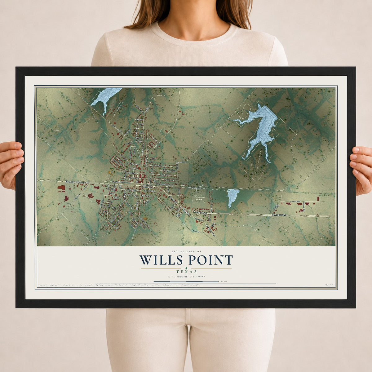 Map of Wills Point, Texas, 18 x 24 inch print in a black wood frame