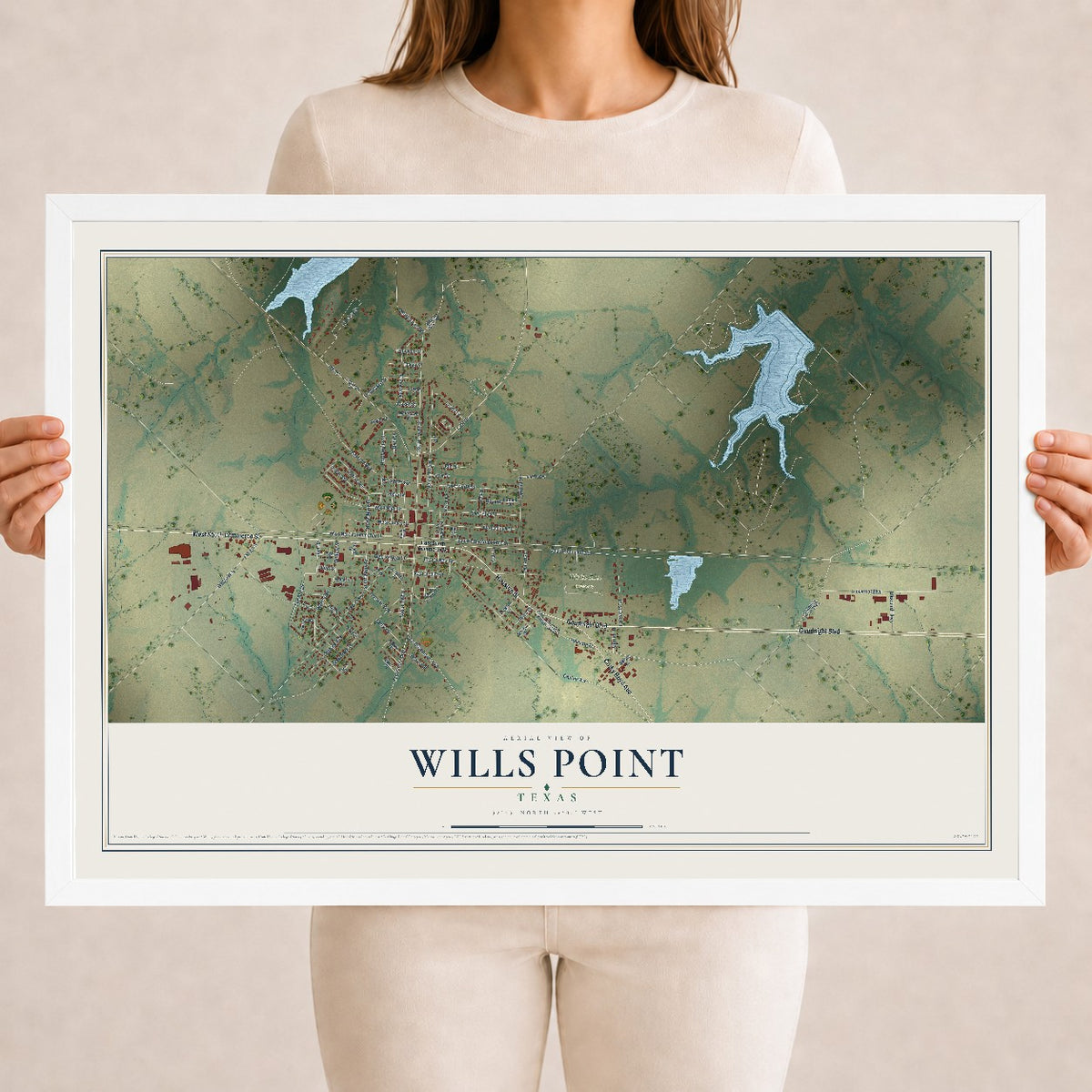 Map of Wills Point, Texas, 18 x 24 inch print in a white wood frame