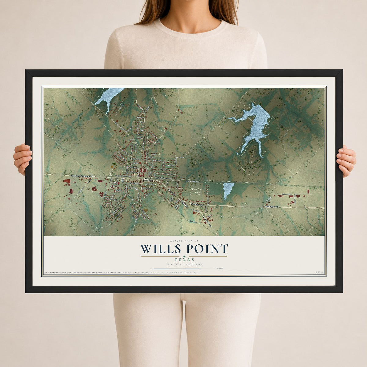 Map of Wills Point, Texas, 24 x 36 inch print in a black wood frame