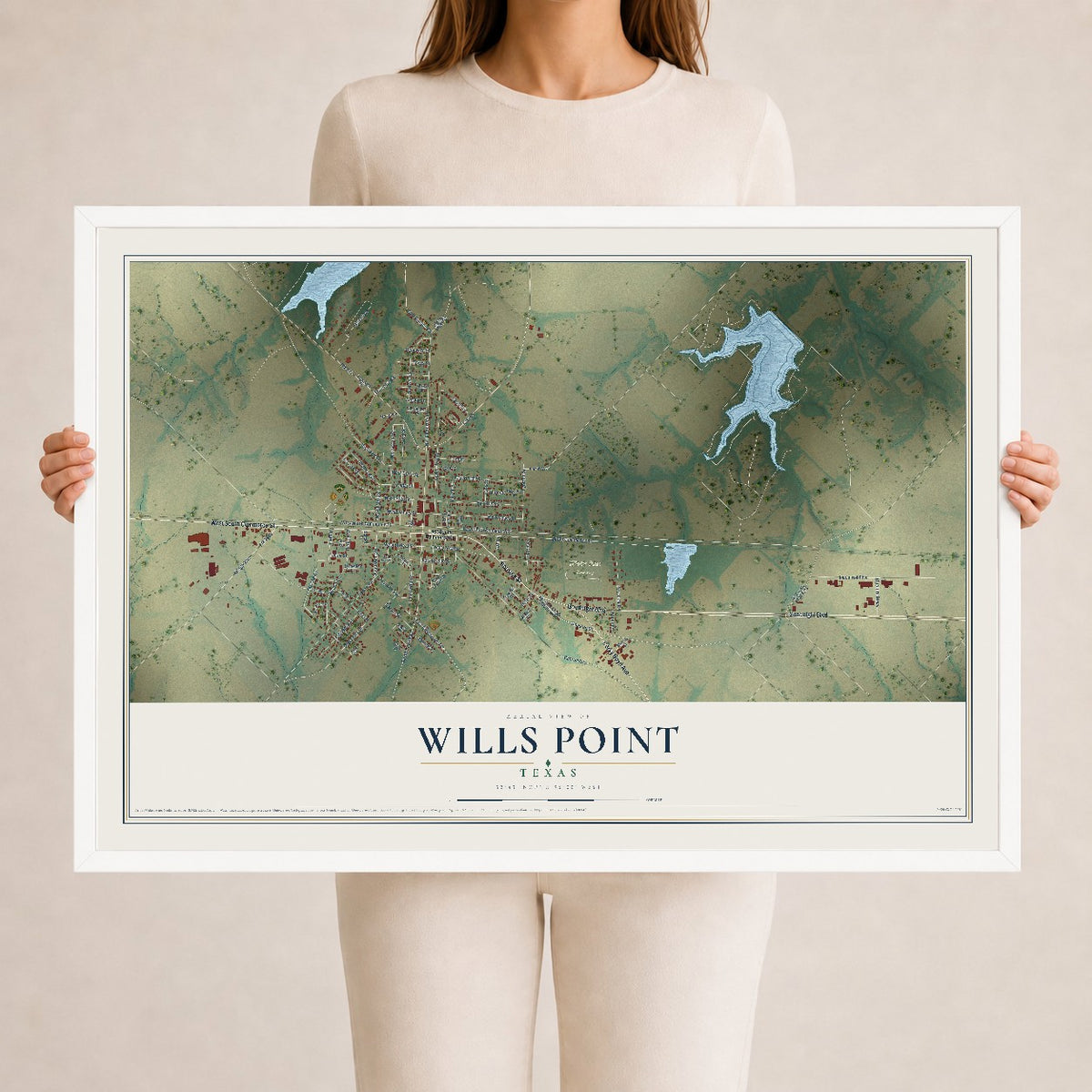 Map of Wills Point, Texas, 24 x 36 inch print in a white wood frame