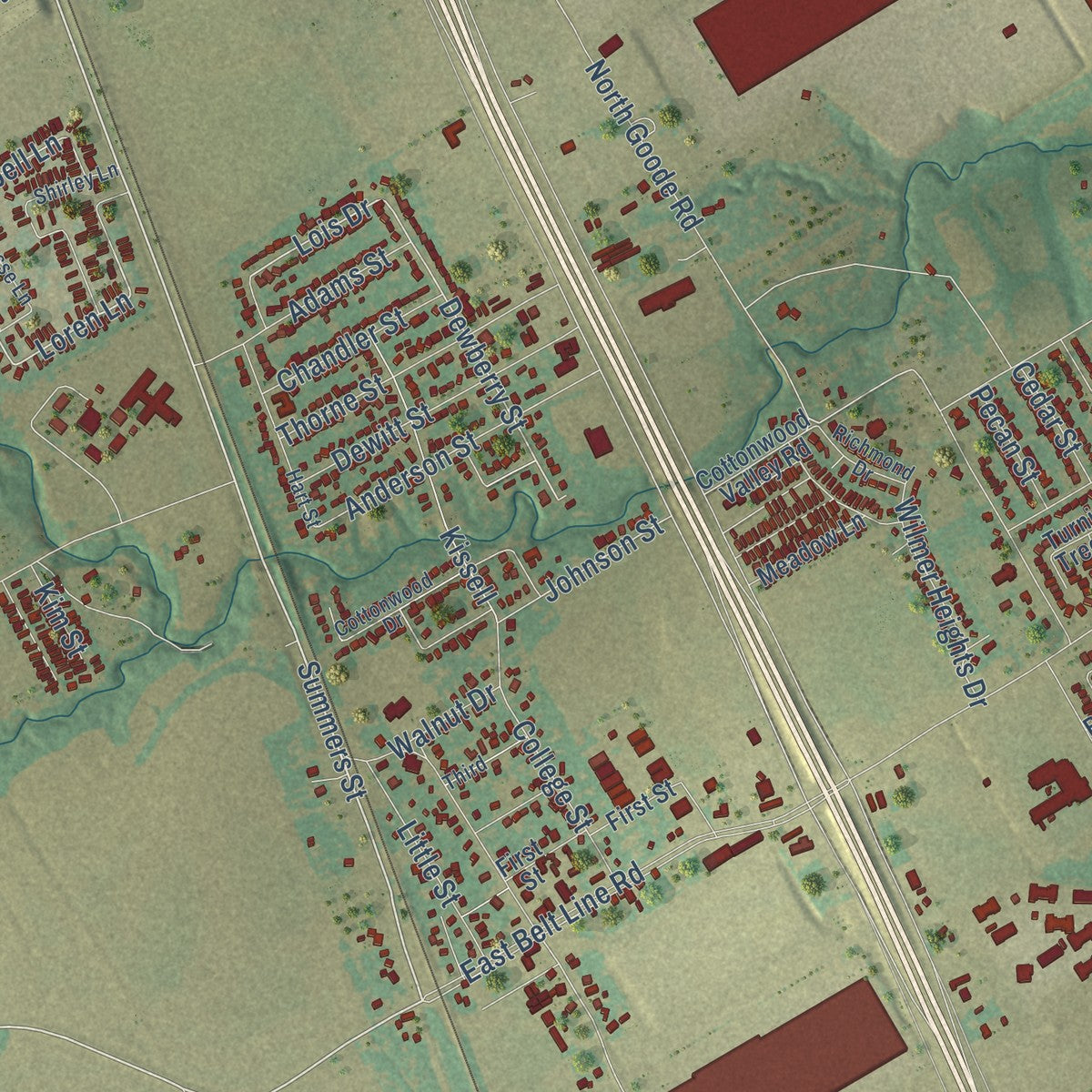 Close-up of the map of Wilmer, Texas print showing street and building detail