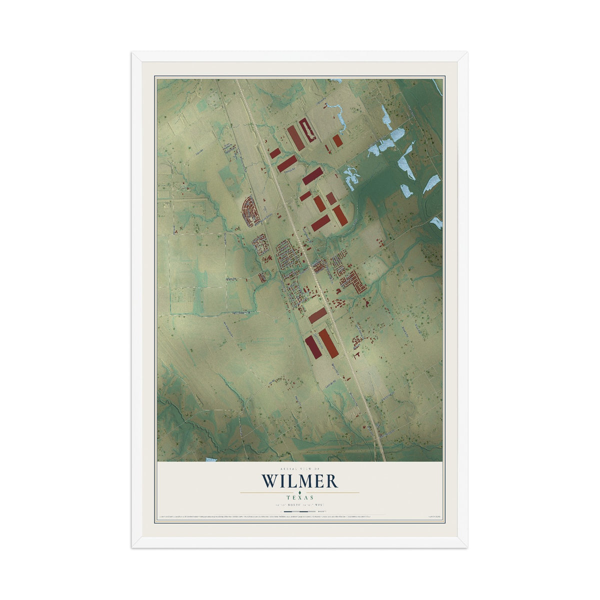Map of Wilmer, Texas, 12 x 18 inch print in a white wood frame