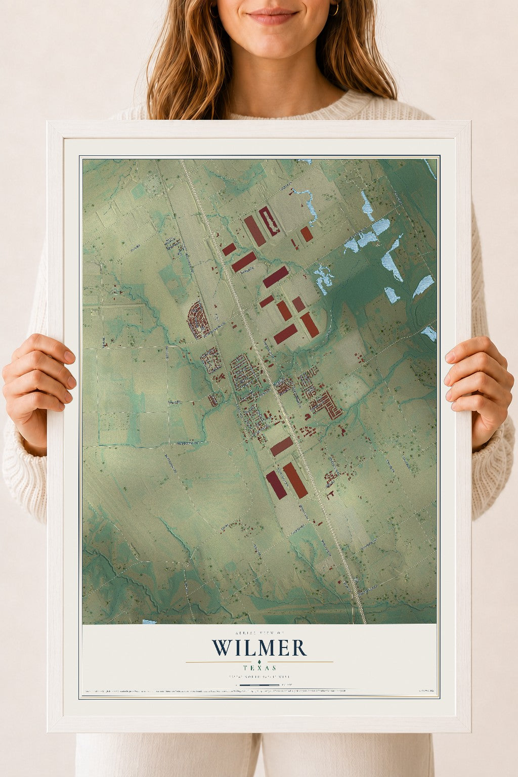 Map of Wilmer, Texas, 18 x 24 inch print in a white wood frame