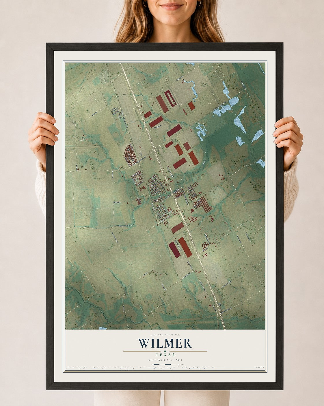 Map of Wilmer, Texas, 24 x 36 inch print in a black wood frame