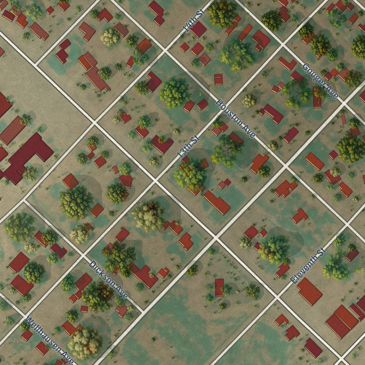 Close-up of the map of Wilson, Texas print showing street and building detail
