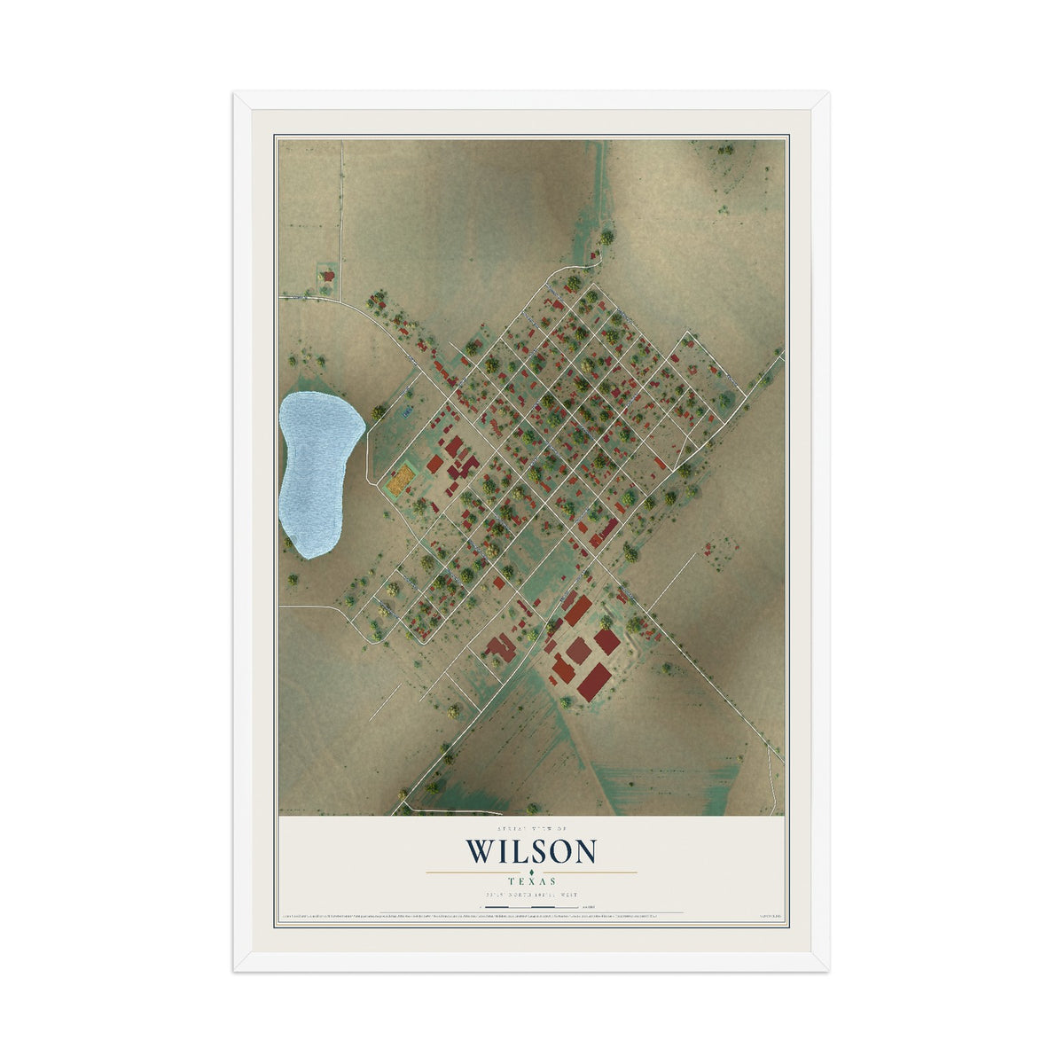 Map of Wilson, Texas, 12 x 18 inch print in a white wood frame
