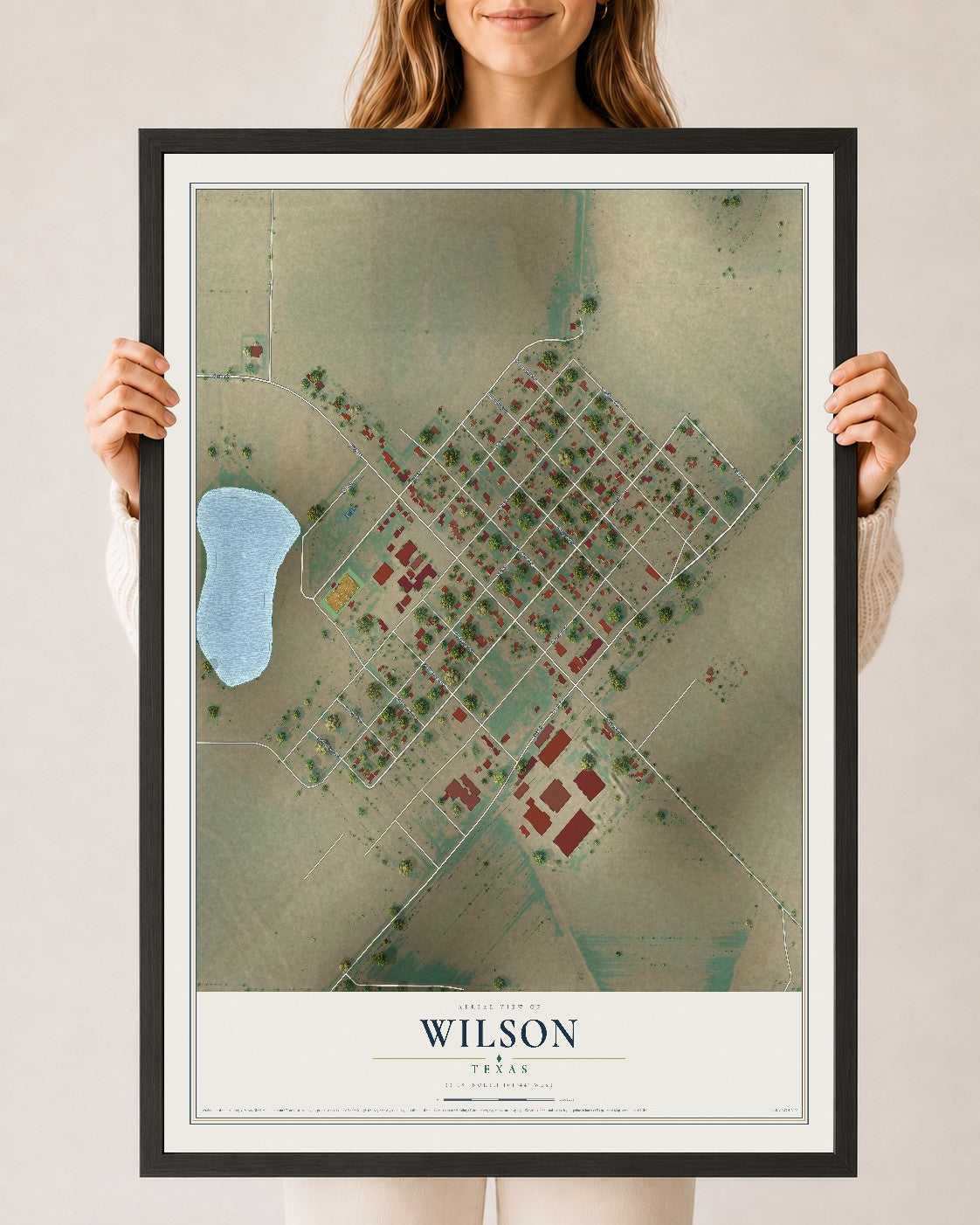 Map of Wilson, Texas, 24 x 36 inch print in a black wood frame