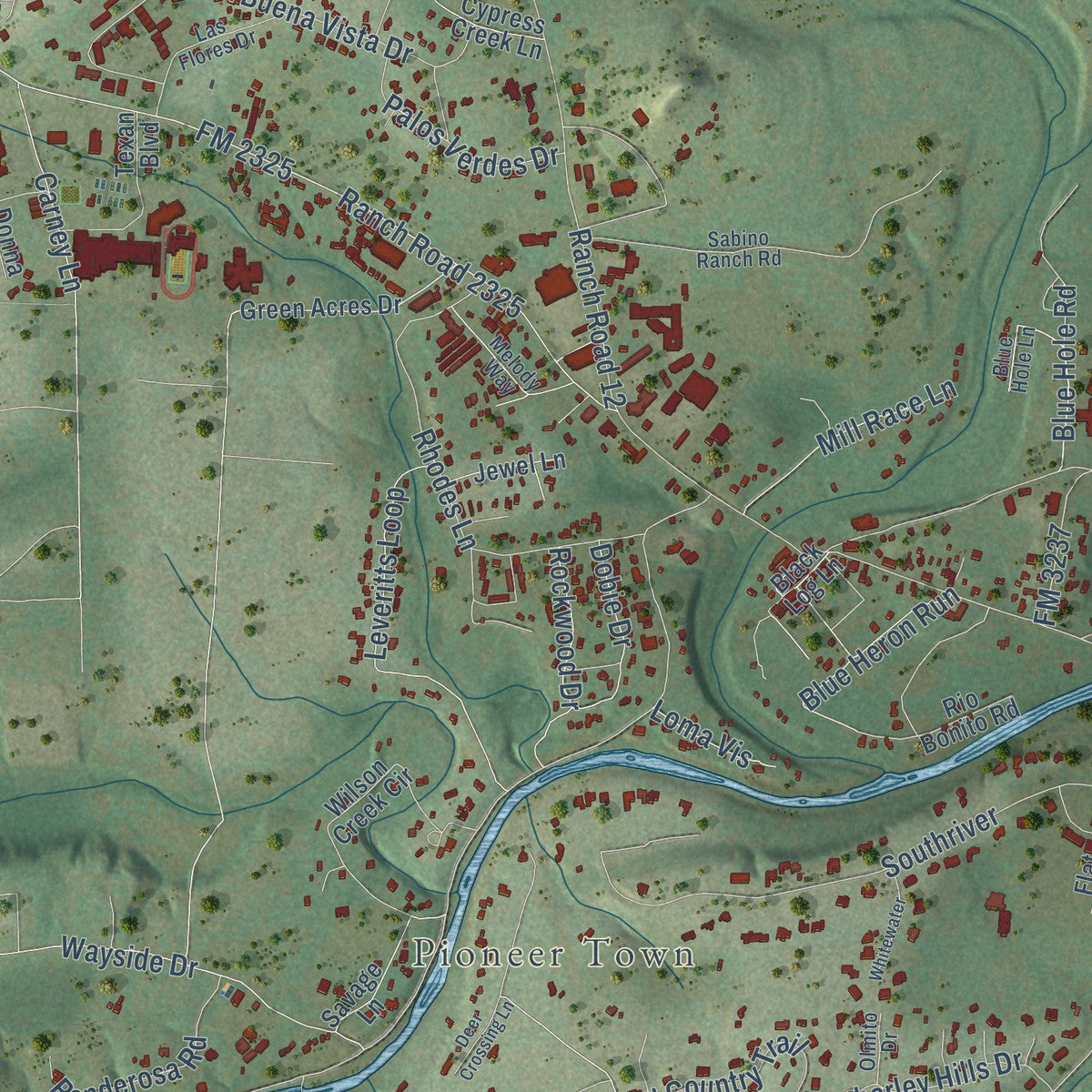 Close-up of the map of Wimberley, Texas print showing street and building detail