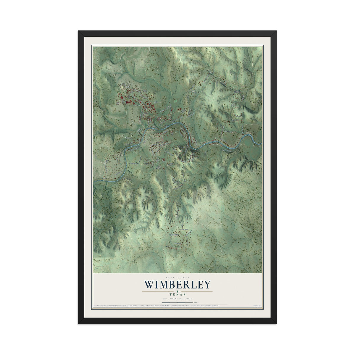 Map of Wimberley, Texas, 12 x 18 inch print in a black wood frame