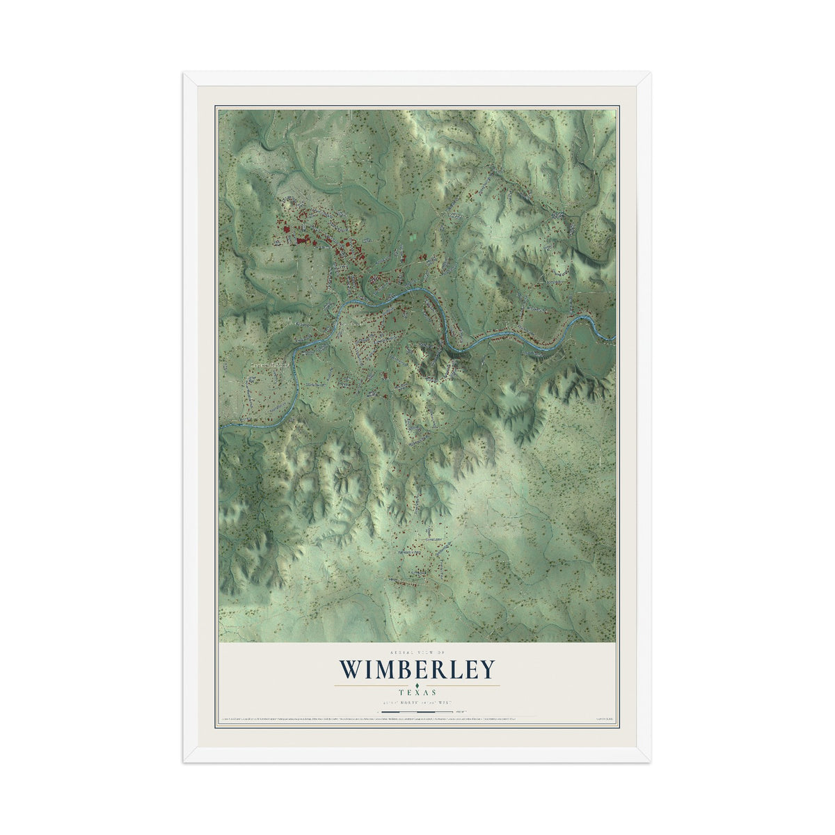 Map of Wimberley, Texas, 12 x 18 inch print in a white wood frame