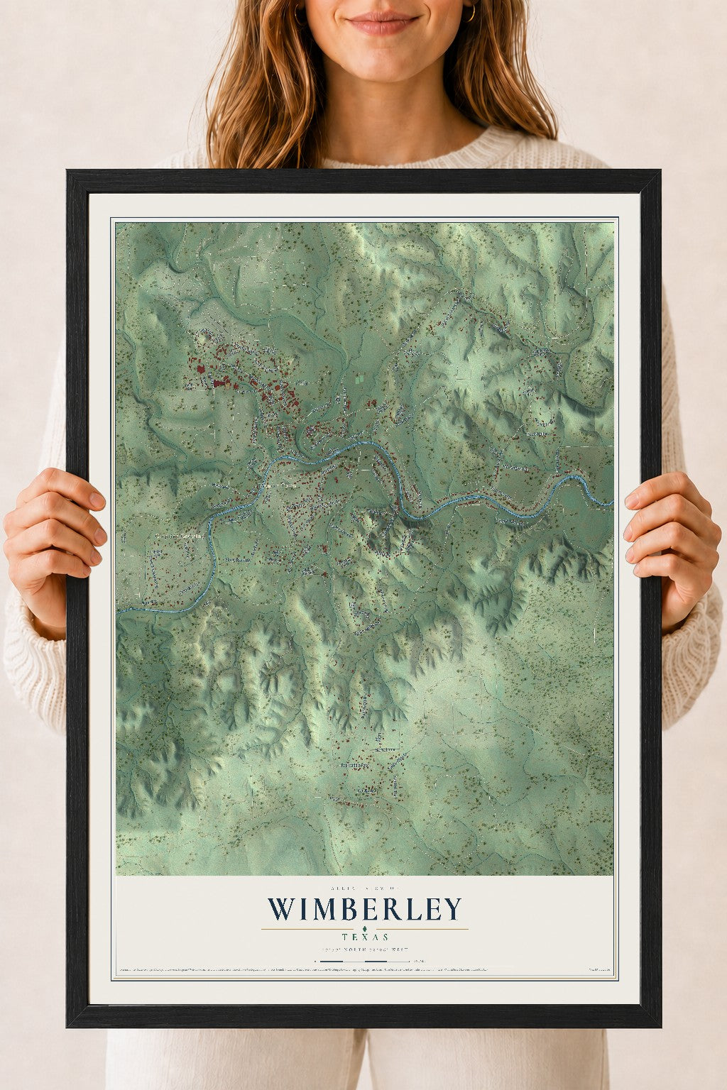 Map of Wimberley, Texas, 18 x 24 inch print in a black wood frame