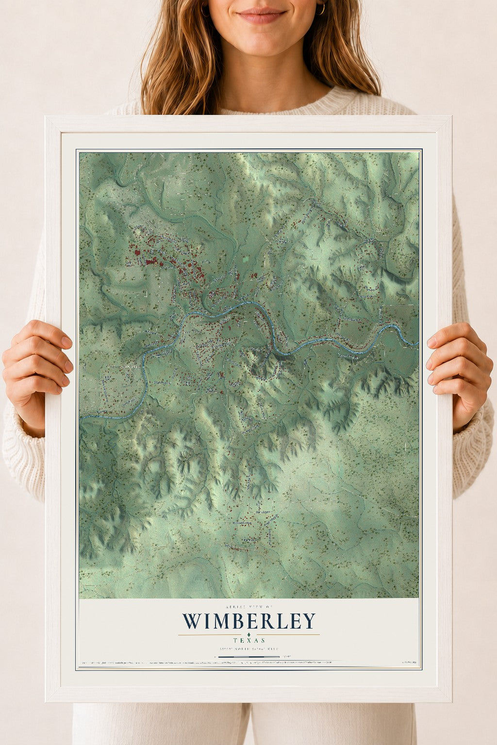 Map of Wimberley, Texas, 18 x 24 inch print in a white wood frame