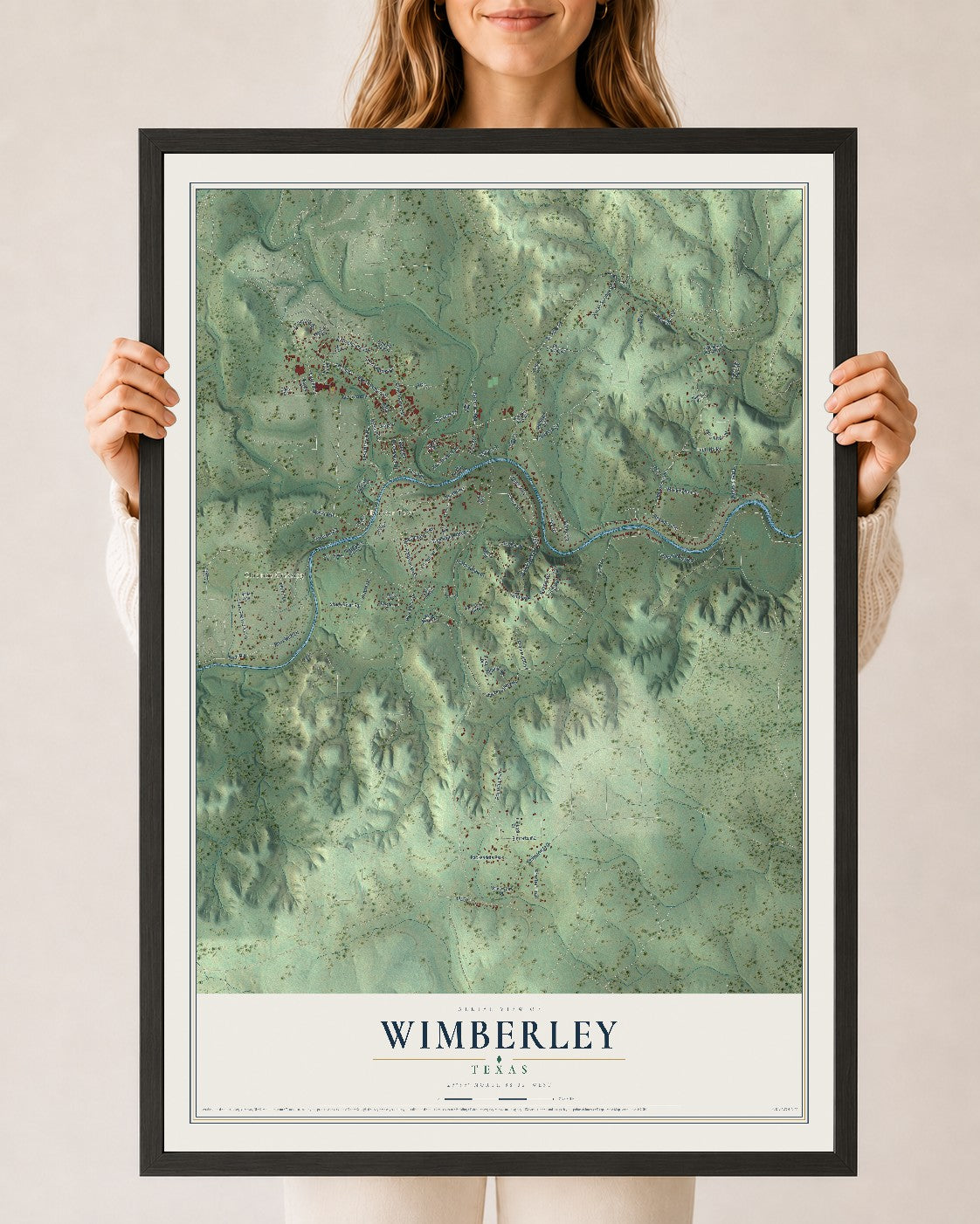 Map of Wimberley, Texas, 24 x 36 inch print in a black wood frame
