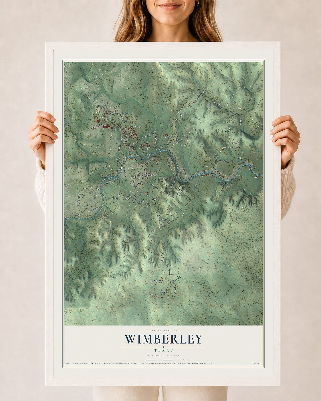 Map of Wimberley, Texas, 24 x 36 inch print in a white wood frame