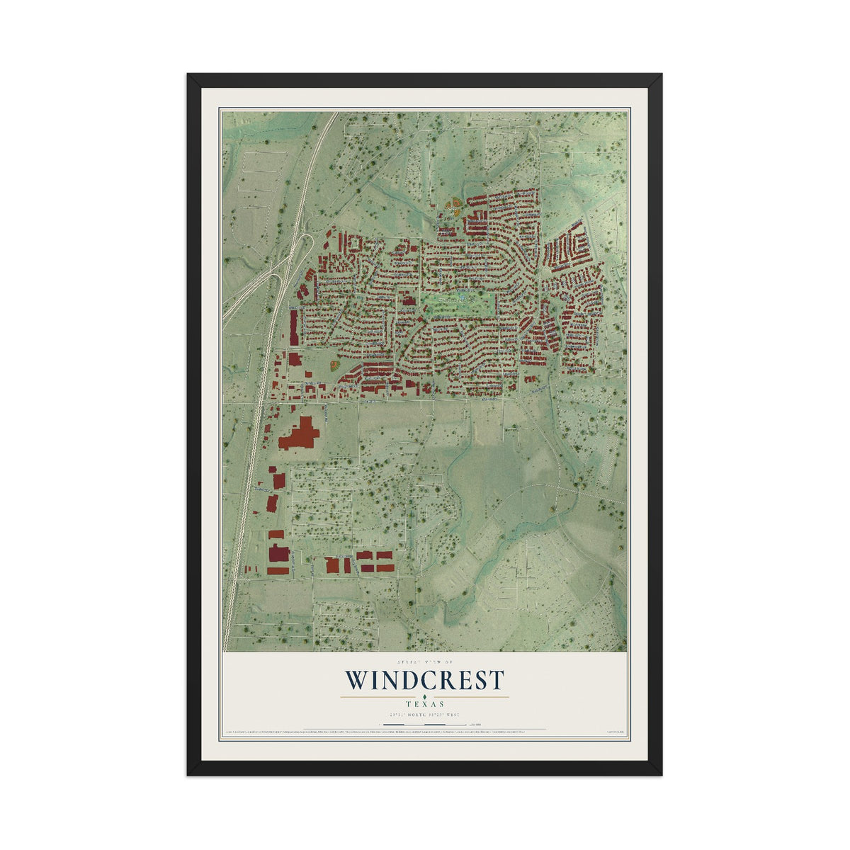 Map of Windcrest, Texas, 12 x 18 inch print in a black wood frame
