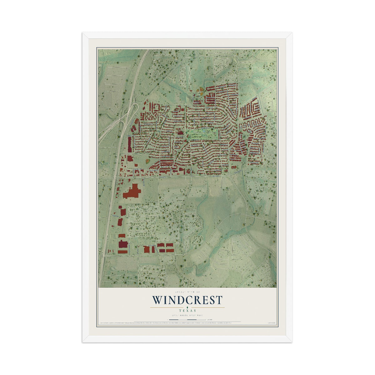 Map of Windcrest, Texas, 12 x 18 inch print in a white wood frame
