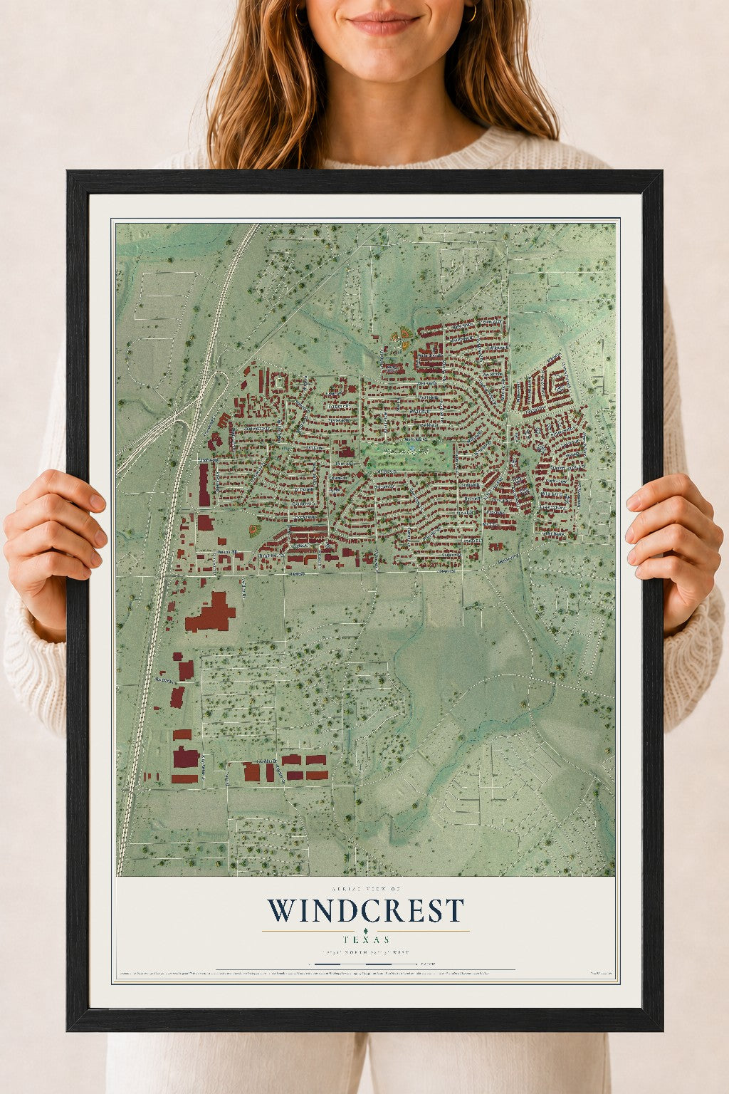 Map of Windcrest, Texas, 18 x 24 inch print in a black wood frame