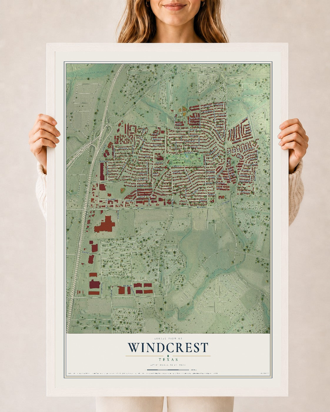 Map of Windcrest, Texas, 24 x 36 inch print in a white wood frame