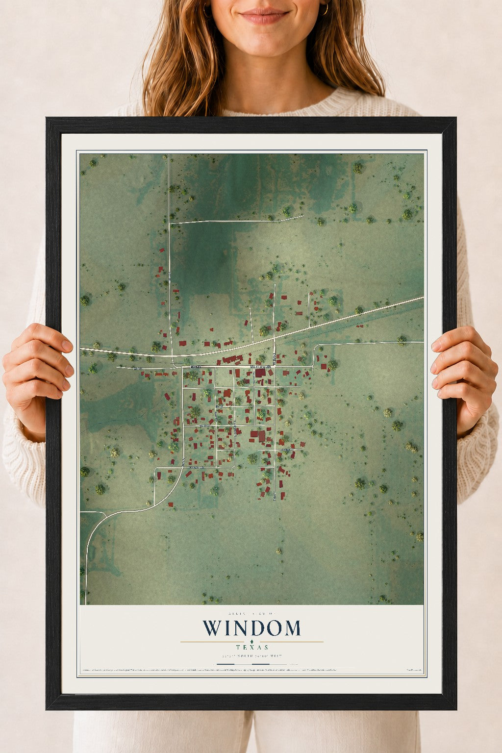 Map of Windom, Texas, 18 x 24 inch print in a black wood frame