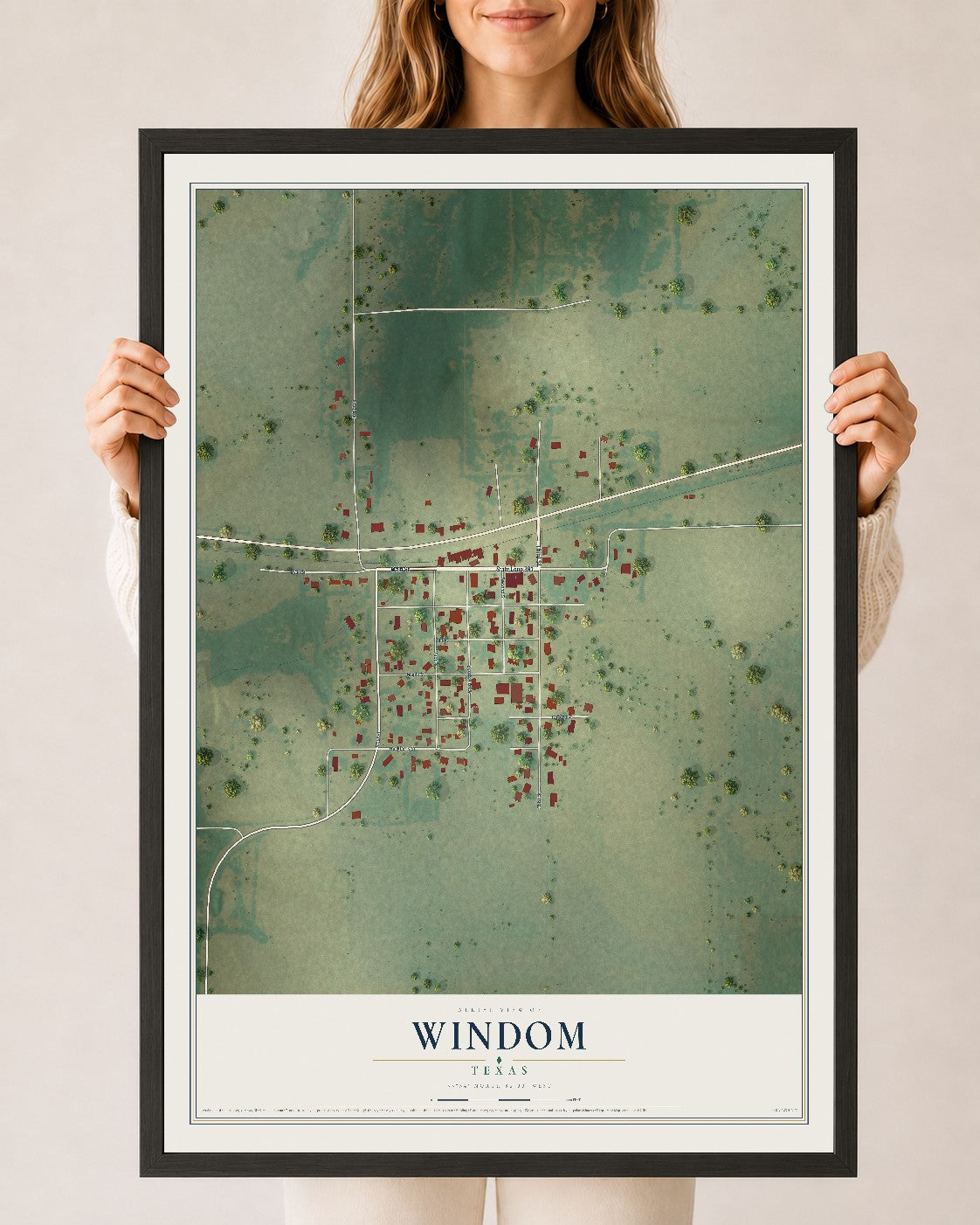 Map of Windom, Texas, 24 x 36 inch print in a black wood frame