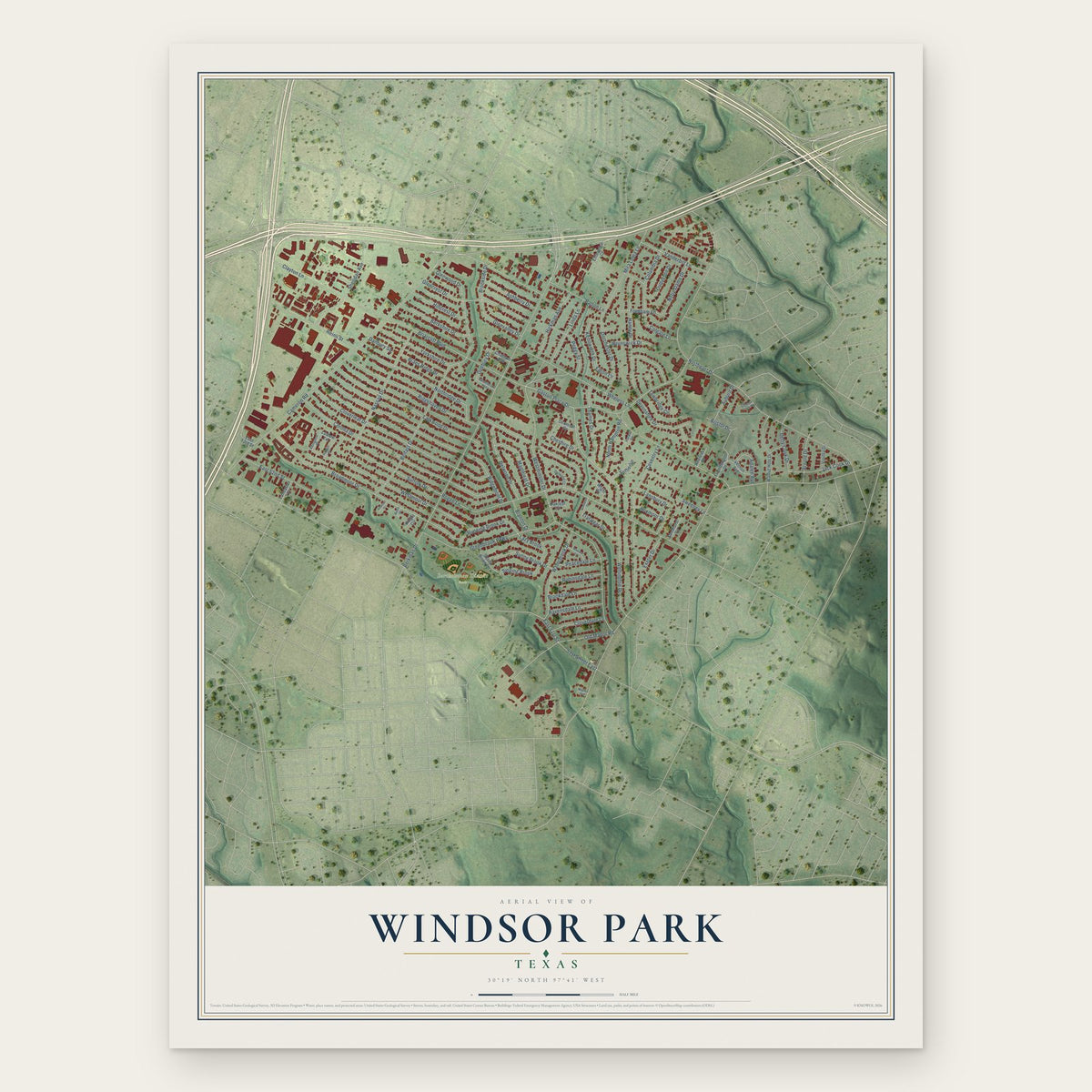 Windsor Park, Texas map print, the full design