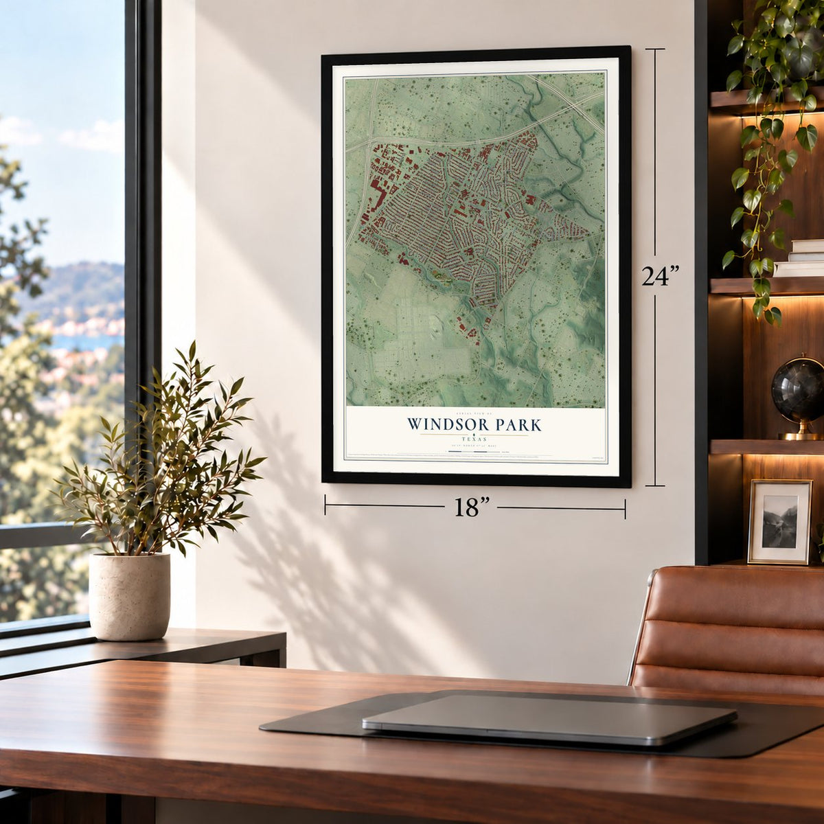 Windsor Park, Texas map, 18 x 24 inch print in a black frame in a home office