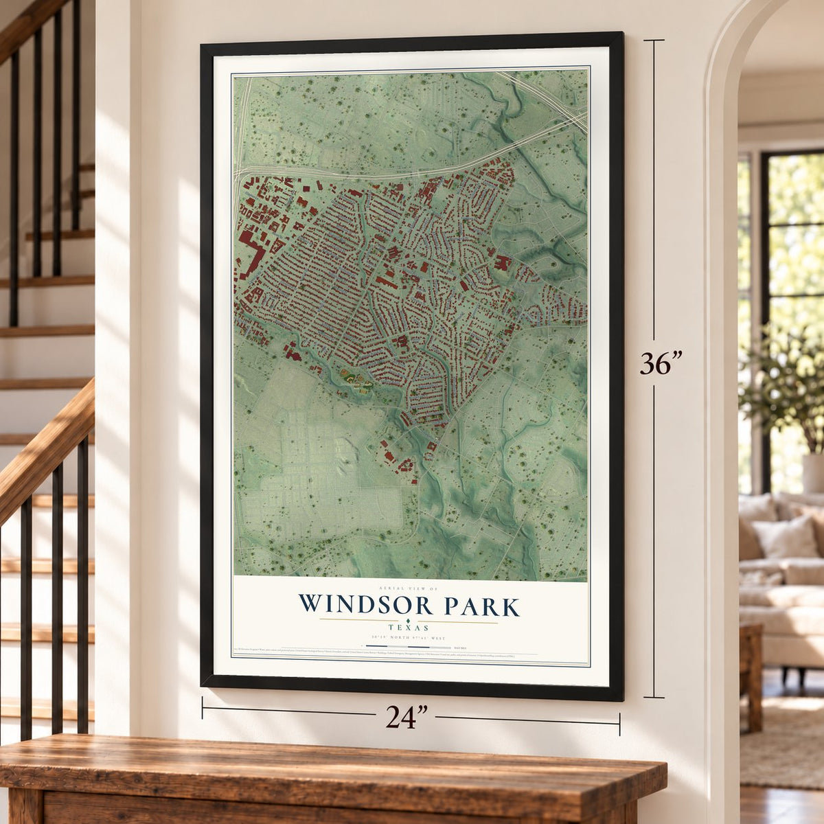Windsor Park, Texas map, 24 x 36 inch print in a black frame by a staircase