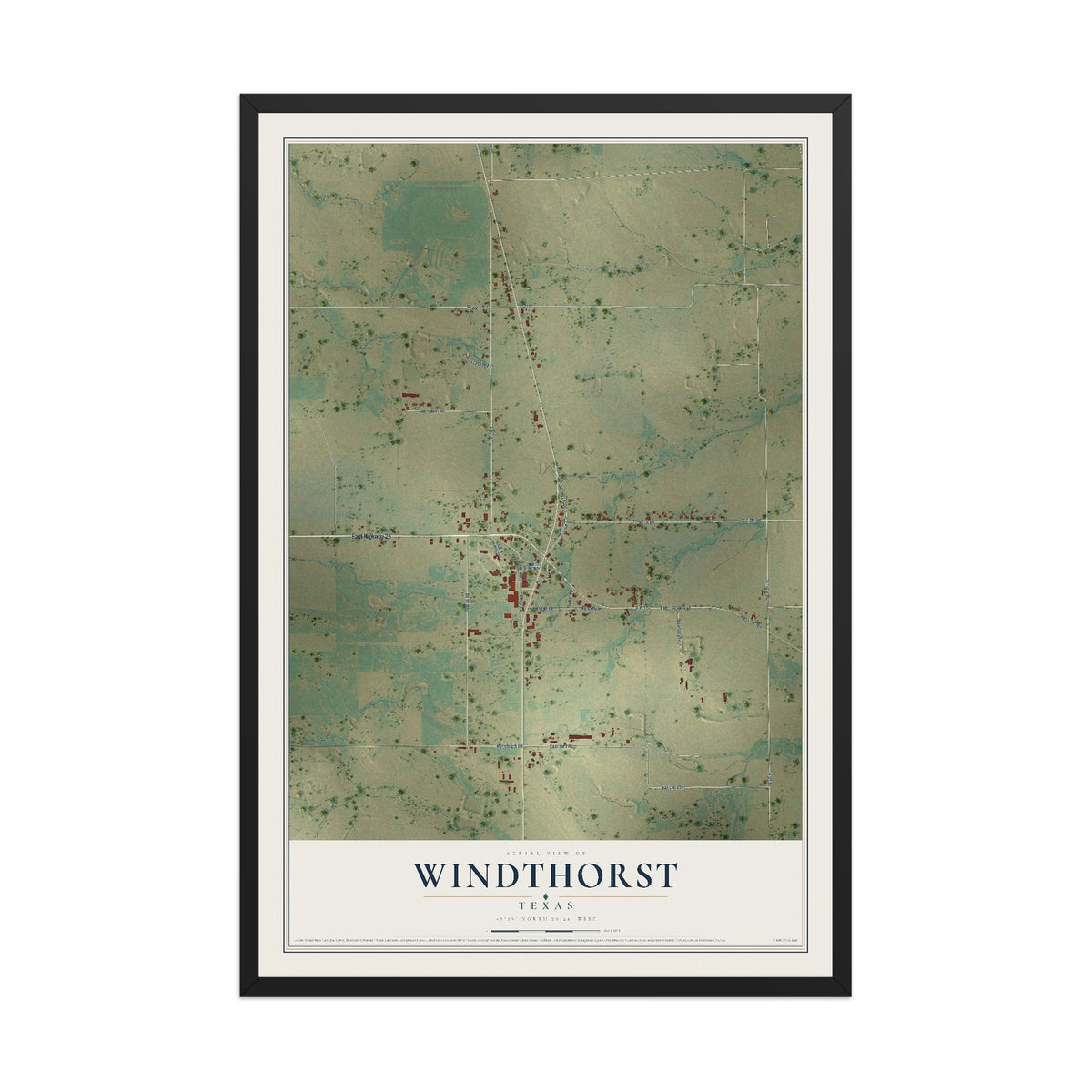 Map of Windthorst, Texas, 12 x 18 inch print in a black wood frame