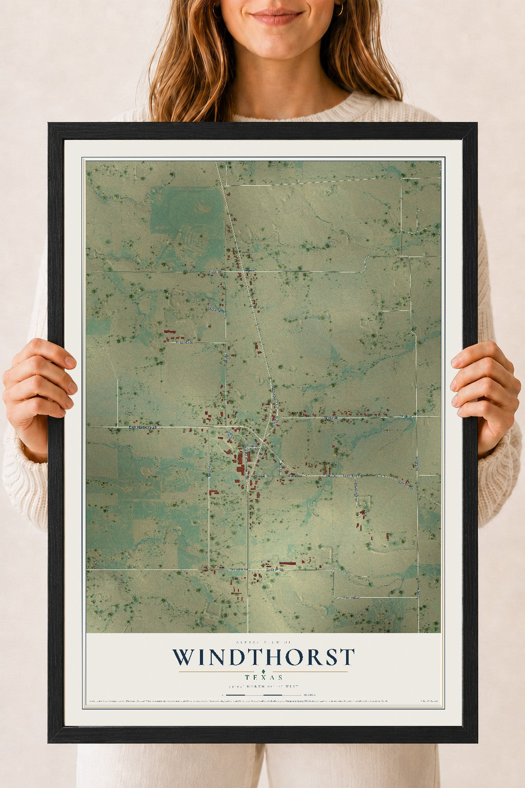 Map of Windthorst, Texas, 18 x 24 inch print in a black wood frame