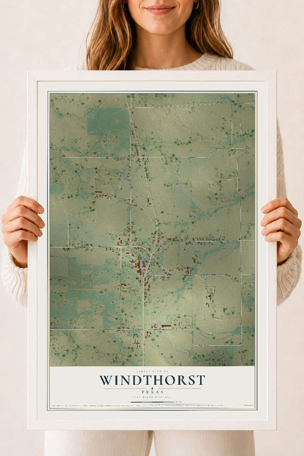 Map of Windthorst, Texas, 18 x 24 inch print in a white wood frame