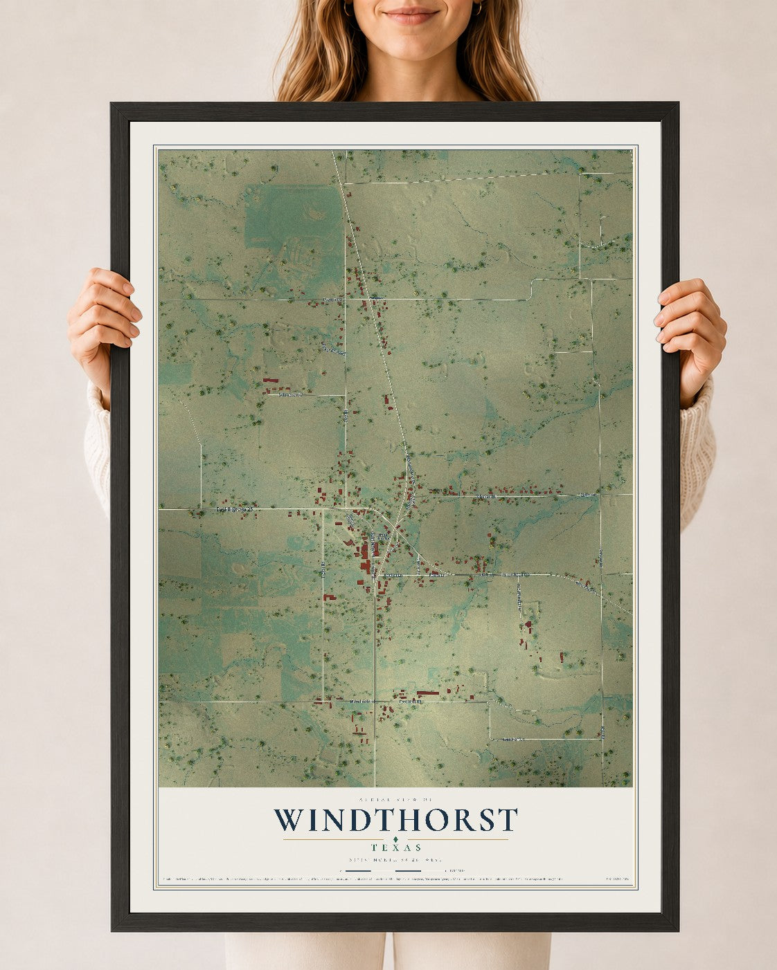 Map of Windthorst, Texas, 24 x 36 inch print in a black wood frame