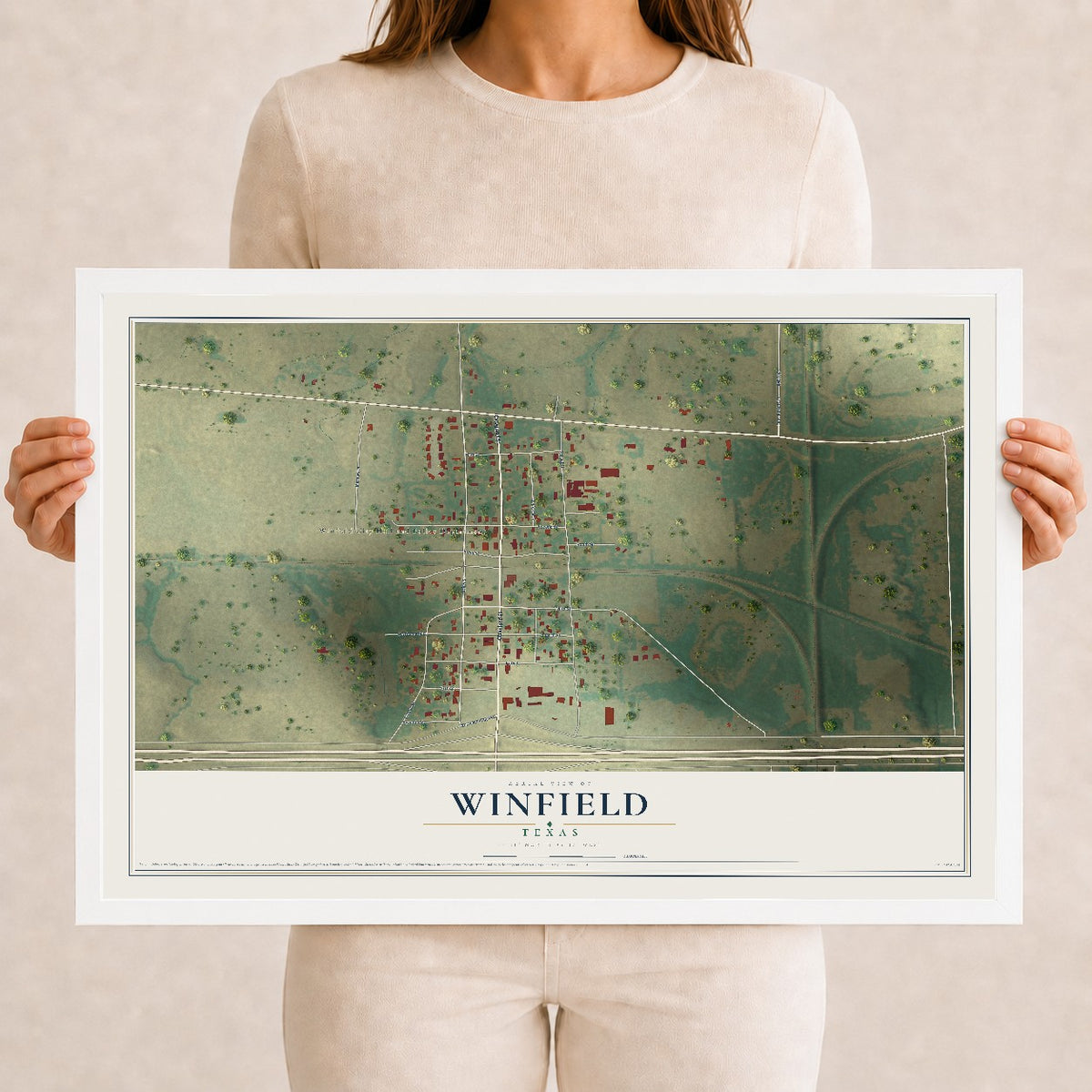Map of Winfield, Texas, 12 x 18 inch print in a white wood frame